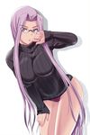  breasts fate/stay_night fate_(series) glasses kumoi_takashi large_breasts long_hair looking_at_viewer panties purple_hair purple_panties ribbed_sweater rider simple_background solo sweater turtleneck underwear very_long_hair white_background 