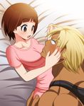  1girl bed_sheet blonde_hair blush breasts brown_eyes brown_hair gamagoori_ira hand_in_another's_hair hand_on_another's_head he_pu_pu hetero hug kill_la_kill looking_at_another mankanshoku_mako medium_breasts muscle open_mouth shirt short_hair size_difference 