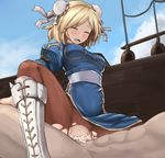  1girl blonde_hair blue_dress blush boots brown_legwear bun_cover censored china_dress chinese_clothes chun-li chun-li_(cosplay) closed_eyes cosplay cross-laced_footwear cum djeeta_(granblue_fantasy) double_bun dress girl_on_top granblue_fantasy hetero kasuka orgasm overflow pantyhose pelvic_curtain puffy_short_sleeves puffy_sleeves saliva sash sex short_hair short_sleeves side_slit solo_focus street_fighter tears textless torn_clothes torn_legwear vaginal white_footwear 