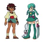  ajna_(indivisible) ankle_wrap annie_(skullgirls) beads belt black_eyes black_hair boots braid brown_hair creator_connection crossover dark_skin dress eyepatch green_hair green_skirt hair_ornament indivisible jewelry lab_zero_games long_hair multiple_girls official_art sandals short_hair skirt skullgirls stuffed_animal stuffed_bunny stuffed_toy sword thigh_boots thighhighs twin_braids twintails weapon 