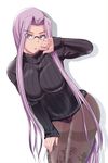  black_legwear breasts fate/stay_night fate_(series) glasses kumoi_takashi large_breasts long_hair looking_at_viewer panties panties_under_pantyhose pantyhose purple_hair purple_panties ribbed_sweater rider simple_background solo sweater thighband_pantyhose turtleneck underwear very_long_hair white_background 
