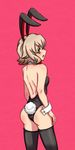  animal_ears ass atra_mixta bad_id bad_pixiv_id bare_shoulders black_legwear blush bunny_ears bunny_tail bunnysuit detached_collar from_behind geshi_jun grey_hair gundam gundam_tekketsu_no_orphans open_mouth red_eyes short_hair simple_background solo tail thighhighs wrist_cuffs 