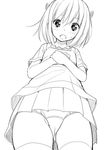  blush from_below fuyuno_mikan greyscale looking_at_viewer looking_down monochrome open_mouth panties pantyshot short_hair simple_background skirt solo underwear white_background 