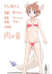  1girl ahoge barefoot bikini brown_hair character_profile dragon_girl faceless faceless_male fuyuno_mikan giantess groin navel o-ring o-ring_top original pointy_ears purple_eyes short_hair simple_background size_difference swimsuit tail translated white_background 