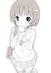  blush eating fuyuno_mikan monochrome short_hair simple_background skirt solo white_background 