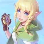  blonde_hair blue_eyes braid capelet compass gloves green_capelet hood ilya_kuvshinov linkle looking_at_viewer pointy_ears sidelocks solo the_legend_of_zelda twin_braids zelda_musou 