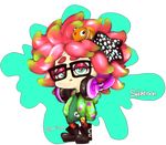  anemo_(splatoon) animal_print black-framed_eyewear boots clownfish copyright_name dress eyeshadow fish full_body glasses green_eyes hair_ornament headphones headphones_around_neck hood hoodie kumano_(splatoon) looking_at_viewer makeup otani_(kota12ro08) paint_splatter pantyhose parted_lips pink_hair short_hair solo splatoon_(series) splatoon_1 standing star star_hair_ornament tentacle_hair transparent_background twitter_username 