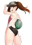  8000 :d arm_up ass back brown_eyes brown_hair competition_swimsuit fang flat_ass flat_chest food fruit hand_on_headwear hat holding kantai_collection long_hair looking_at_viewer looking_back one-piece_swimsuit open_mouth ryuujou_(kantai_collection) simple_background smile solo standing swimsuit twintails twitter_username visor_cap watermelon white_background 