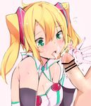  1girl blonde_hair blush breasts censored cum cum_in_mouth fellatio green_eyes hacka_doll hacka_doll_1 hetero highres long_hair medium_breasts muoto open_mouth oral penis solo_focus tongue twintails 