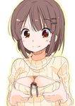  1girl blush breasts brown_hair cleavage fuyuno_mikan hair_ornament hairclip highres medium_breasts meme_attire miniboy open-chest_sweater ribbed_sweater short_hair simple_background smile sweater turtleneck white_background 