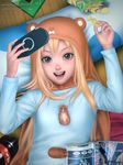  :d animal bad_id bad_pixiv_id blonde_hair bottle brown_eyes chips doma_umaru food from_above gohpot hamster handheld_game_console happy highres himouto!_umaru-chan hood long_hair lying manga_(object) nekoronbusu on_back open_mouth pillow playstation_portable potato_chips realistic smile soda_bottle solo upper_body wooden_floor 