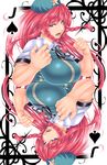  blue_eyes braid breasts card card_(medium) clenched_hand fighting_stance hat highres hong_meiling large_breasts long_hair looking_at_viewer open_mouth playing_card red_hair solo spade_(shape) star touhou twin_braids yoiti 
