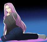  denim fate/stay_night fate_(series) full_body glasses jeans koujun_(mugenzero) long_hair pants purple_hair rider socks solo sweatdrop sweater turtleneck very_long_hair 