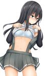  arm_warmers asashio_(kantai_collection) black_hair blue_bra blue_eyes blush bra breasts kantai_collection long_hair mizushina_minato navel pleated_skirt school_uniform shirt_lift skirt small_breasts solo suspenders training_bra underwear 