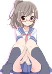  blush brown_hair fuyuno_mikan glasses looking_at_viewer ponytail school_uniform serafuku simple_background skirt smile solo white_background 