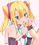  1girl blonde_hair blush breasts censored fellatio green_eyes hacka_doll hacka_doll_1 hetero highres long_hair medium_breasts muoto open_mouth oral penis solo_focus tongue twintails 