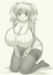  blush breasts cleavage gigantic_breasts greyscale jewelry kneeling legs looking_at_viewer monochrome necklace nitroplus pantyhose pas_(paxiti) ribbed_sweater short_twintails solo star star_necklace super_pochaco sweater thighband_pantyhose thighs twintails 
