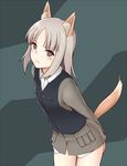  animal_ears blush brave_witches brown_eyes covering covering_ass edytha_rossmann fox_ears fox_tail looking_at_viewer military military_uniform momiji7728 short_hair silver_hair simple_background solo tail uniform vest wavy_mouth world_witches_series 