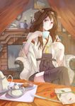  absurdres biscuit book boots brown_eyes brown_hair candlestand chair crossed_legs cup curtains detached_sleeves fireplace flower food highres kantai_collection kettle knife kongou_(kantai_collection) long_hair looking_at_viewer nontraditional_miko photo_(object) rose sitting solo table teacup thigh_boots thighhighs xinuo223 