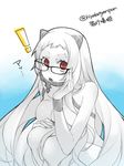  1girl :o adjusting_eyewear airfield_hime bare_shoulders bespectacled breasts character_name glasses highres horns kantai_collection kneeling large_breasts lio_(tsukuyomi-tei) long_hair red_eyes shinkaisei-kan solo squatting sweatdrop twitter_username v-shaped_eyebrows very_long_hair white_hair white_skin 