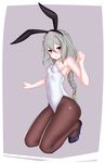  animal_ears blush braid breasts bunny_ears bunnysuit cleavage covered_navel grey_hair hakuduki18 high_heels highres kneeling long_hair looking_at_viewer original pantyhose parted_lips red_eyes small_breasts solo 