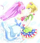  arms_around_neck bare_shoulders blonde_hair blue_eyes blush bow closed_eyes dress hair_bow kurono_yuzuko long_hair magical_girl manaka_lala minami_mirei multiple_girls pink_hair pretty_(series) pripara ribbon shirt short_hair skirt sleeveless sleeveless_dress smile very_long_hair white_dress wrist_ribbon yuri 