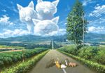  blue_sky cat cloud day field grass hill kuruneko no_humans power_lines road scenery shadow sky telephone_pole tree vanishing_point yahha 