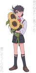  black_gloves black_hair flower gloves green_eyes highres holding holding_flower jojo_no_kimyou_na_bouken joseph_joestar_(young) male_focus mapi_(mup1228) shorts socks solo sunflower suspenders translation_request younger 