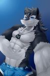  2015 abs anthro ayerart biceps black_fur blue_background blue_eyes briefs clothed clothing discordnight dog_tags dragon flexing fur furred_dragon half-dressed male muscular necklace pecs selfie simple_background smile solo topless underwear white_fur 