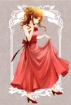  1girl bleach breasts brown_eyes brown_hair dress floating_hair flower full_body hair_between_eyes hair_ornament high_heels inoue_orihime long_dress long_hair medium_breasts pump red_dress red_flower red_footwear red_rose rose sleeveless sleeveless_dress solo standing strapless strapless_dress tied_hair umi_(pixiv6861961) 