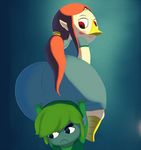  beak big_butt blonde_hair blush brown_hair butt carrying duo female frown gradient_background hair huge_butt hylian link looking_back male medli nintendo pointy_ears red_eyes rito simple_background sirredbenjamin smile the_legend_of_zelda video_games wind_waker 