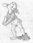  anthro balls barefoot bottomless buckteeth clothed clothing cub flaccid front_view greyscale half-dressed jake_cottontail lagomorph looking_down male mammal mizzyam monochrome navel pants pants_down pencil_(artwork) penis rabbit sheath shirt shorts solo teeth traditional_media_(artwork) underwear underwear_down undressing young 