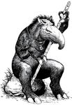  ambiguous_gender black_and_white ear_piercing glorantha looking_at_viewer mammal monochrome morocanth necklace nude piercing scar simple_background sitting solo staff tapir unknown_artist white_background 