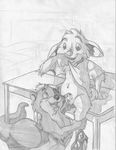 anthro balls barefoot bottomless briefs buckteeth chair chris_kirster classroom clothed clothing cub desk drooling duo eye_contact fondling greyscale half-dressed inside jake_cottontail lagomorph leg_grab male male/male mammal mizzyam monochrome mustelid navel nude open_mouth otter pencil_(artwork) penis penis_tip rabbit saliva school sheath shirt shirt_lift sitting student teeth tongue tongue_out traditional_media_(artwork) underwear underwear_around_one_leg young 