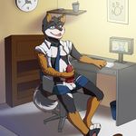  4_toes animal_genitalia anthro balls canine chair clock clothed clothing computer desk dog eyewear glasses half-dressed knot male mammal masturbation myiko necktie nipples office office_chair open_mouth penile_masturbation penis precum public shiba_inu sitting solo toes watching_porn 
