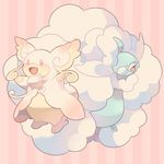  ak altaria audino closed_eyes full_body gen_3_pokemon gen_5_pokemon mega_altaria mega_audino mega_pokemon no_humans open_mouth outstretched_arms pink_eyes pokemon pokemon_(creature) smile striped striped_background vertical-striped_background vertical_stripes 