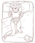  3_toes anthro balls barbs bed blanket bottomless clothed clothing dragon erection hair half-dressed kittydoki line_art lying male nude on_bed penis pillow reaching solo toes 