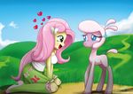  &lt;3 2015 boots caprine clothing crossover duo equestria_girls female feral fluttershy_(eg) footwear hair human kneeling long_hair mammal my_little_pony open_mouth outside pink_hair pom_(tfh) sheep sweat sweatdrop teal_eyes the-butcher-x them&#039;s_fightin&#039;_herds 