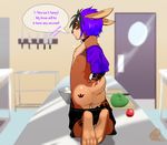  anixis anthro backsack balls butt clothed clothing collar door ear_piercing english_text facial_piercing fruit hair half-dressed kneeling knife lagomorph lettuce looking_back male mammal nose_piercing piercing public purple_hair rabbit solo text tomato workplace 