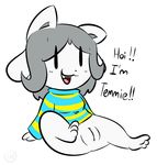  1-upclock butt canine cat clothed clothing dog english_text feline female fox fur hair looking_at_viewer mammal monster presenting presenting_hindquarters pussy simple_background smile solo spread_legs spreading temmie temmie_(undertale) text undertale video_games white_fur 