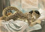  2015 anthro bed breasts feline female leopard looking_at_viewer lying mammal nude on_front pawpads paws scale_(artist) side_boob smile snow_leopard solo 