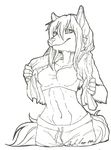  2012 anthro bra canine cat clothed clothing english_text feline female fox fur hair hybrid long_hair mammal monochrome navel shorts simple_background smile solo text touchofsnow towel underwear white_background 