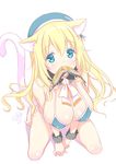  animal_ears atago_(kantai_collection) bikini blonde_hair blue_eyes breasts cat_ears cat_tail fish fish_in_mouth food_in_mouth hat highres kantai_collection kemonomimi_mode kneeling large_breasts long_hair looking_at_viewer shibi shiny shiny_skin sitting solo strap_gap swimsuit tail 