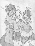  anthro arm_around_shoulders avian beak bird buckteeth chris_kirster clothing crossed_arms cub english_text front_view greyscale group jake_cottontail jeans lagomorph lyle_weatherworth male mammal mizzyam monochrome mustelid otter pencil_(artwork) rabbit shirt shorts smile standing teeth text traditional_media_(artwork) winged_arms wings woodpecker young 