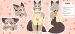  anthro blush canine chipar female fur grey_hair hair japanese_text kemono knock-kneed long_hair mammal model_sheet multiple_angles nude red_eyes solo text translated wolf yellow_fur 