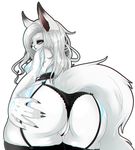  anthro breasts butt cafeoffender canine clothed clothing female fur garnets hair half-closed_eyes looking_at_viewer looking_back mammal panties pussy simple_background skimpy solo underwear white_background white_fur white_hair 