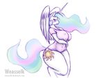  2015 anthro anthrofied blush bottomless clothed clothing cutie_mark equine feathered_wings feathers female friendship_is_magic hair half-dressed horn long_hair mammal multicolored_hair my_little_pony princess_celestia_(mlp) simple_background smile solo weasselk white_background winged_unicorn wings 