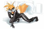  2015 anthro arm_support bell bodysuit boots bulge canine chat_noir clothing cosplay crouching footwear fox front_view fur girly looking_at_viewer male mammal mask miles_prower miraculous_ladybug naughty_face rubber skinsuit smile solo sonic_(series) sparkydb 