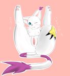  big_butt blue_eyes butt clothing digimon ear_tuft feline female fur gatomon gloves japanese_text legs_up long_tail lying mammal nipples one_eye_closed pawpads presenting presenting_pussy pussy smile solo text tuft whiskers white_fur wink ーリミッター 