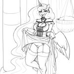  2015 anthro anthrofied clothing dress dress_lift ear_piercing equine female friendship_is_magic gloves hair horn kevinsano legwear long_hair looking_at_viewer mammal monochrome my_little_pony piercing princess_luna_(mlp) pussy pussy_juice solo stockings winged_unicorn wings 